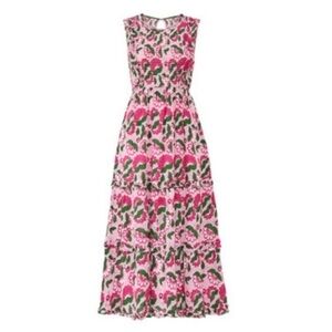 Banjanan Isha pink and green lotus maxi dress with smocking